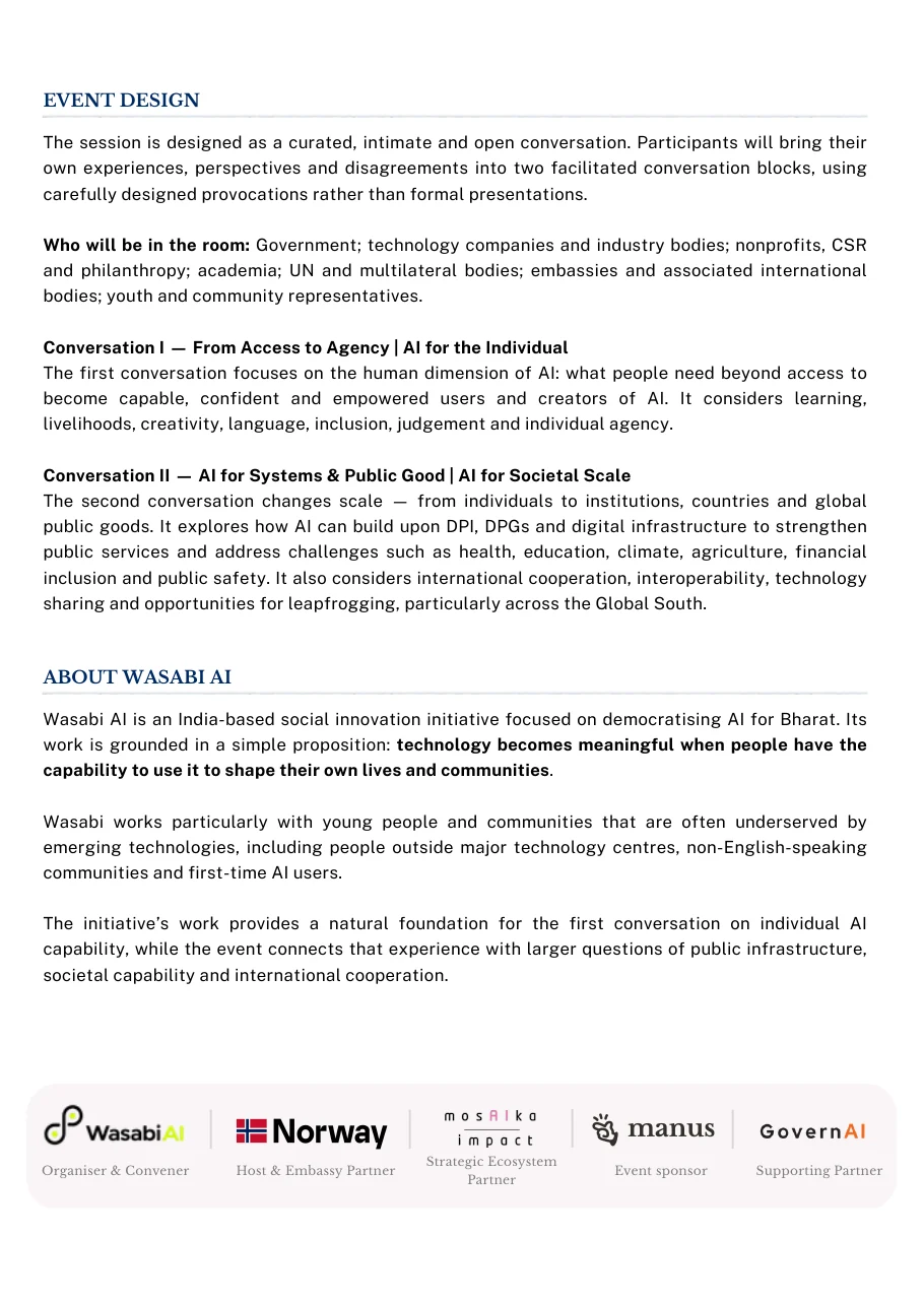 Page 2 of the concept note: event design and Wasabi AI background